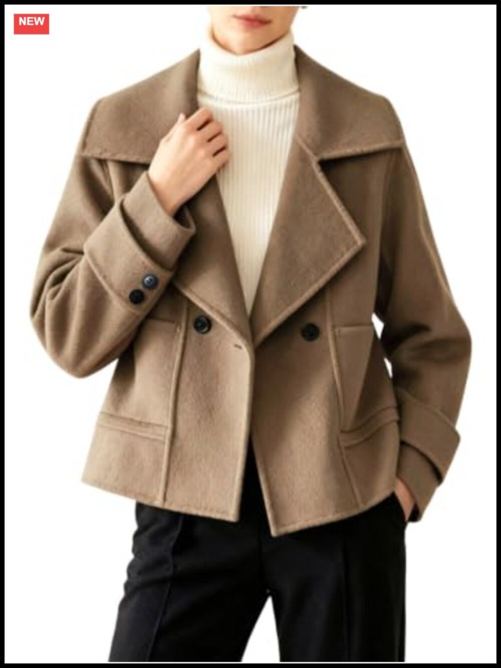 Wool Blend Cropped Pea Coat Notched Lapel Button Women's